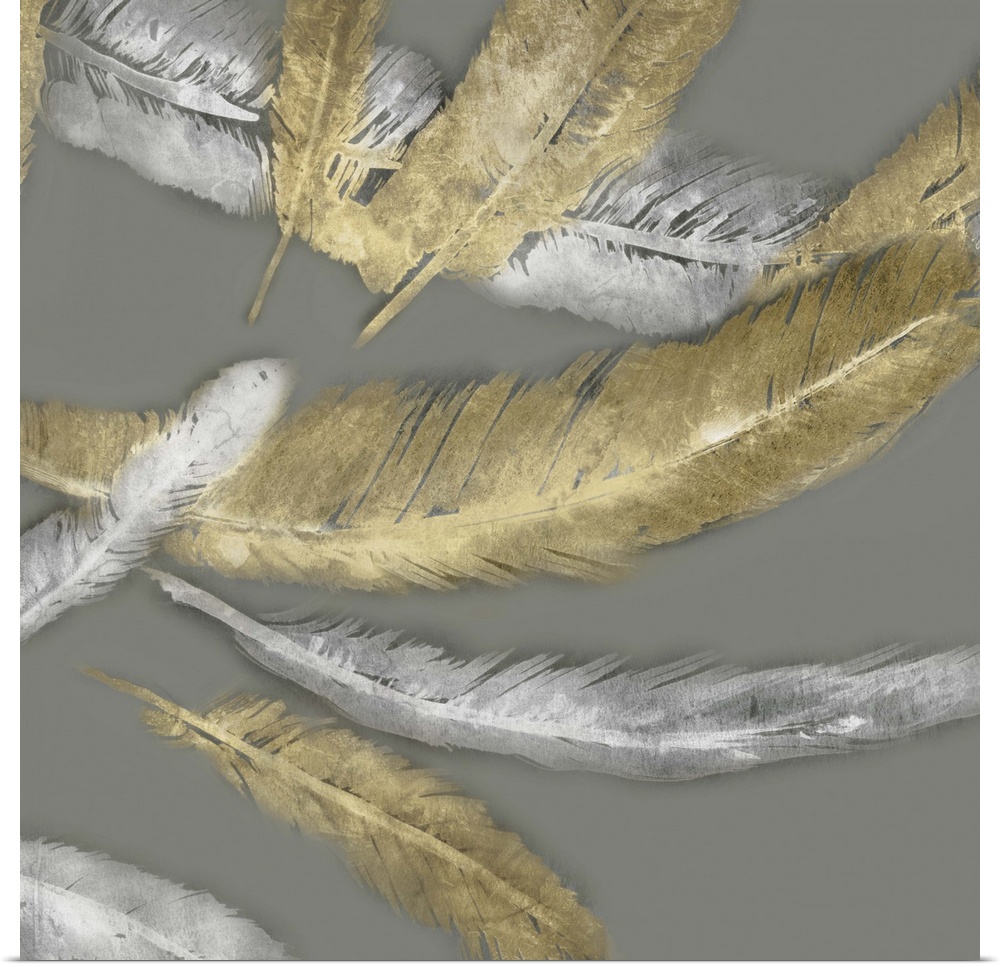 Contemporary home decor artwork of gold and silver feathers fluttering against a gray background.
