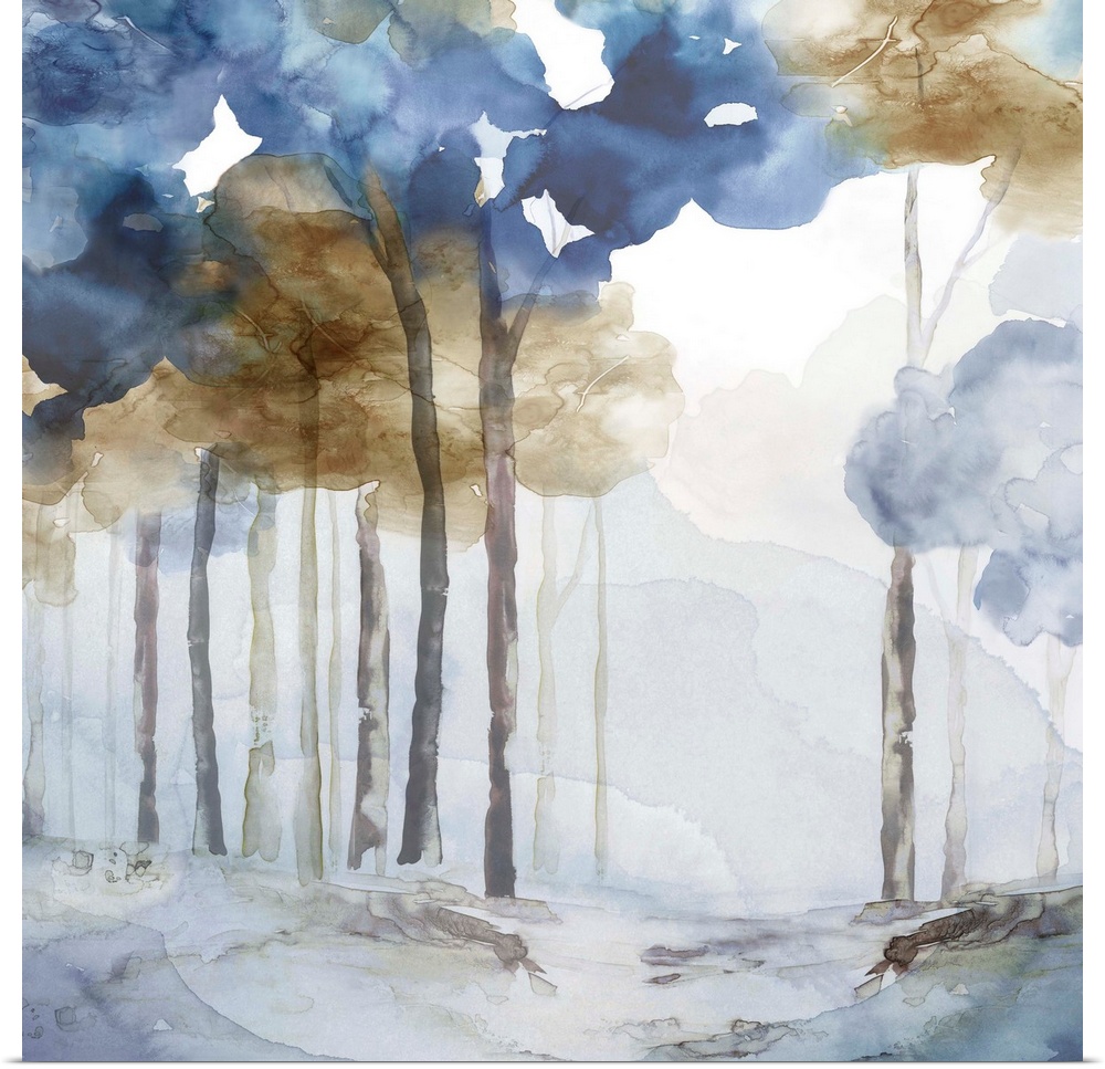 Abstracted forest painting in blues and browns.
