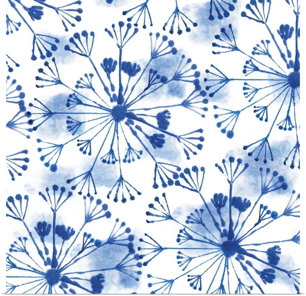 Watercolor artwork of a navy blue Shibori style pattern.