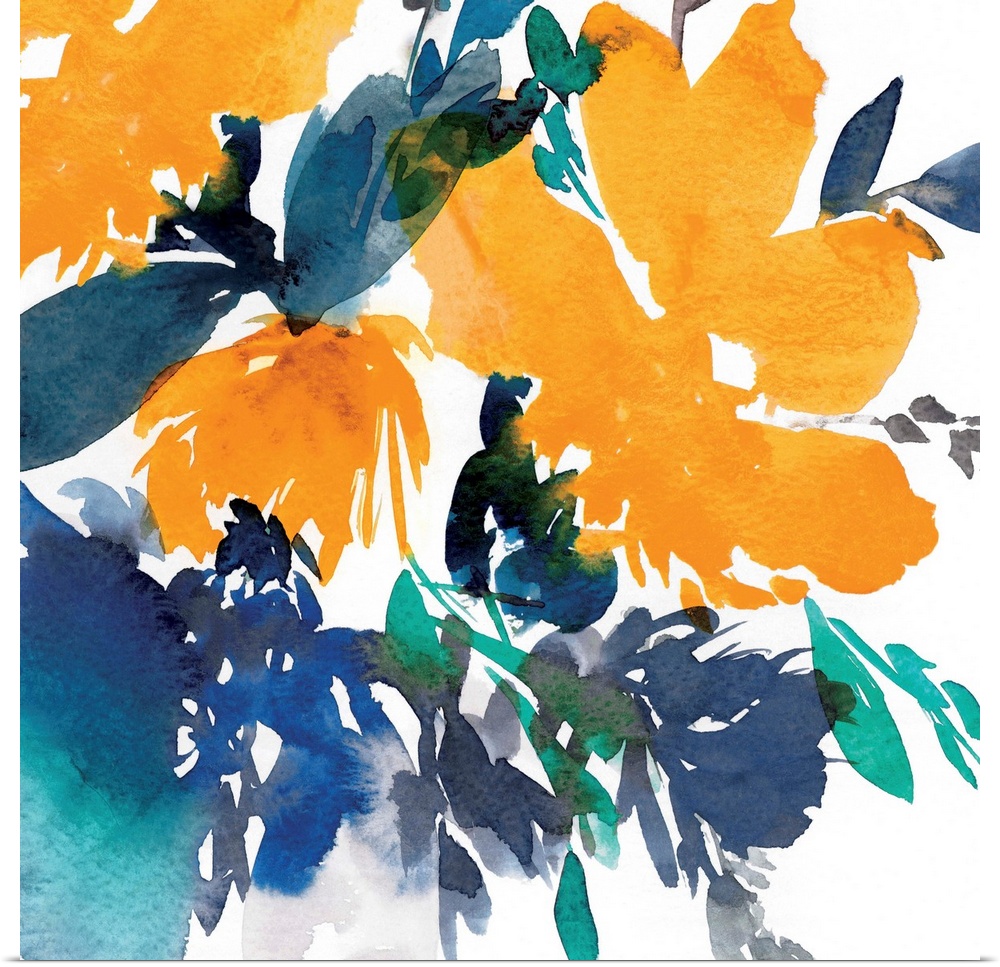 Decorative art with abstract florals in bold orange and blue hues on a white square background.