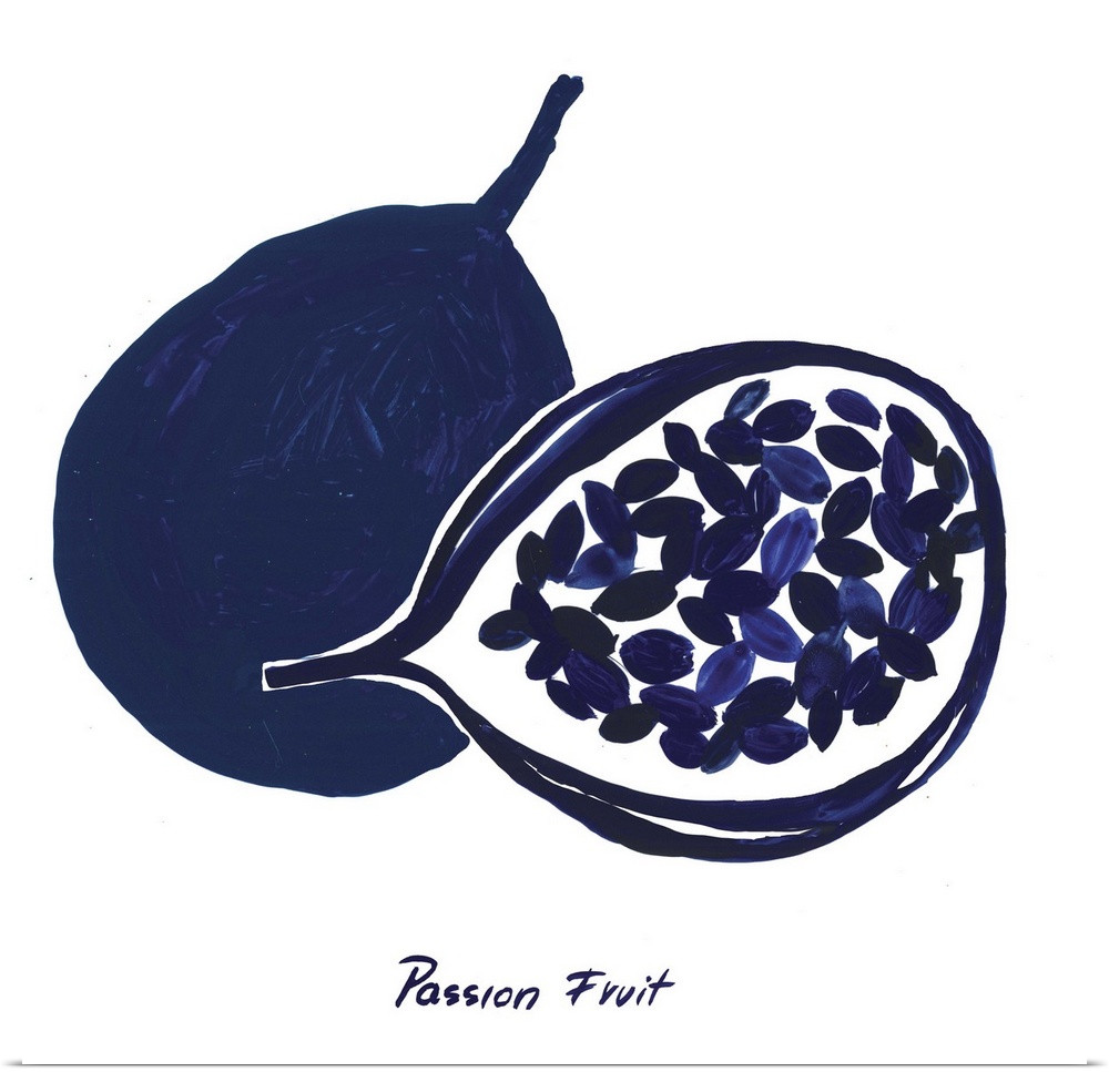 Navy blue ink wash painting of a whole and halved passion fruit on white.