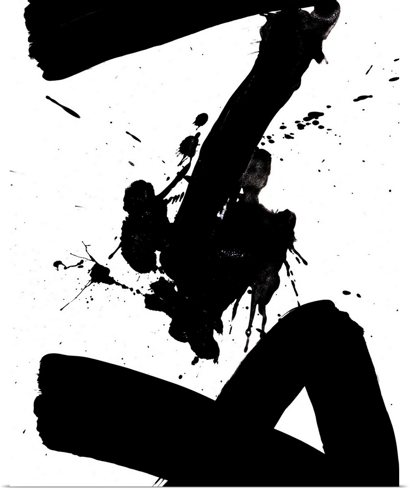 Contemporary abstract home decor artwork using black paint splashes against a white background.