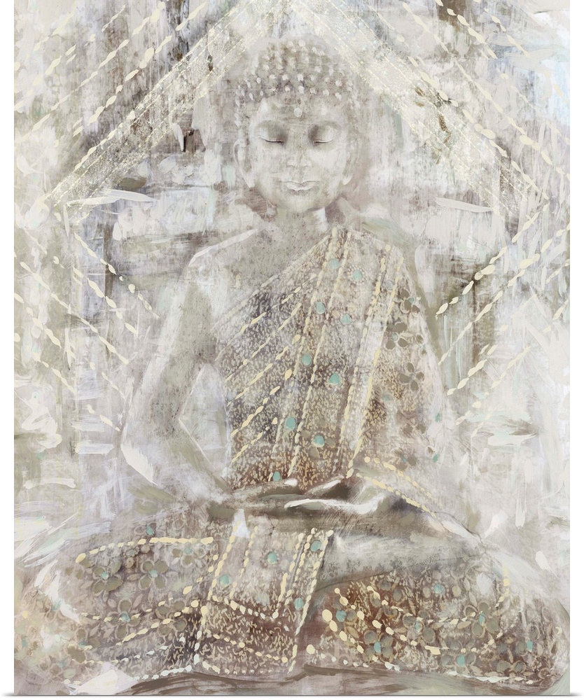 Artwork of a seated Buddha statue with heavy texture in pale, neutral colors.
