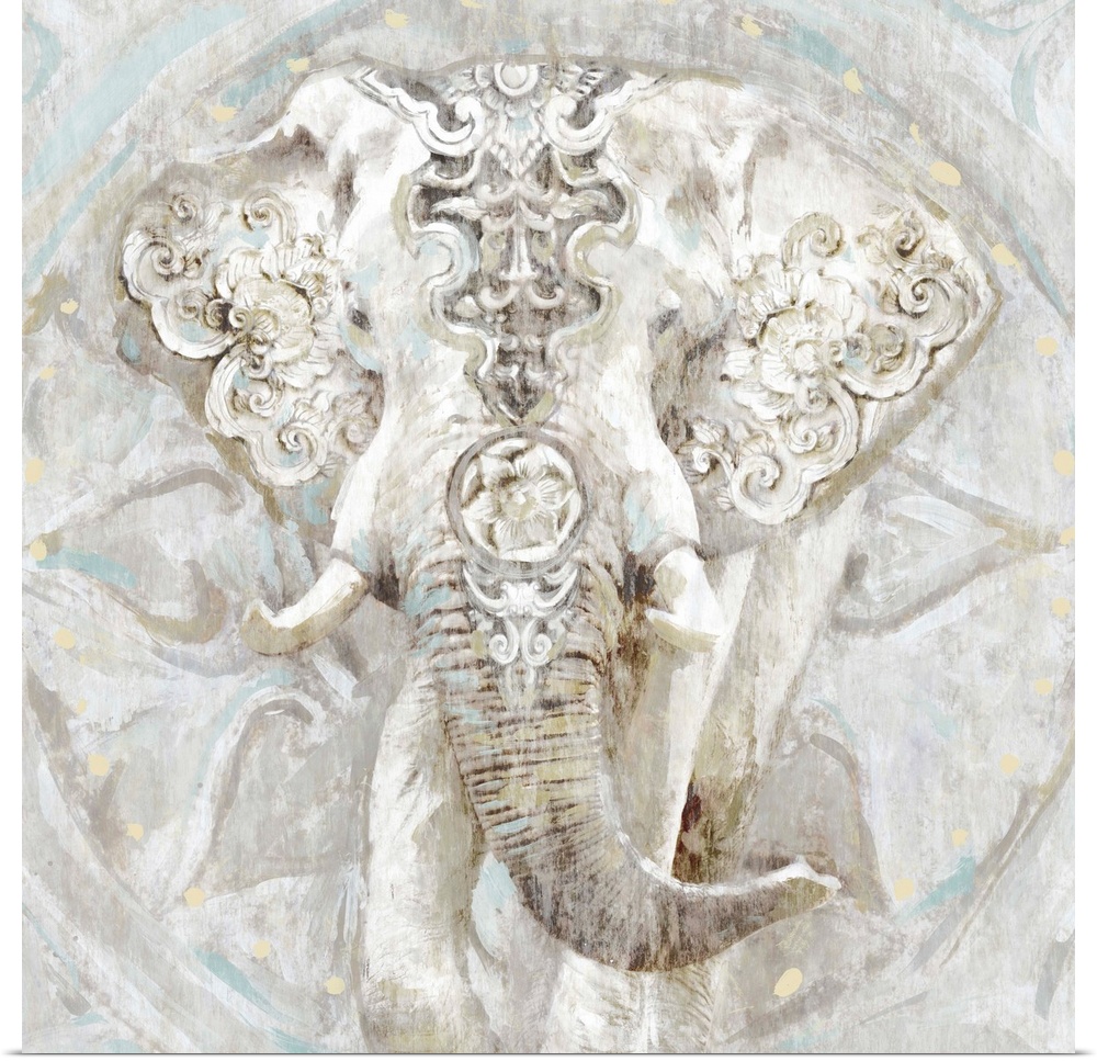 Artwork of an elaborately decorated elephant over a circular sunburst motif.