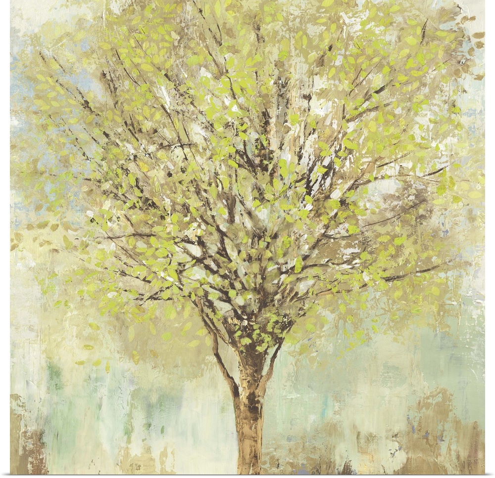 Contemporary artwork of a tree with leafy branches in pale shades of green, blue, and brown.