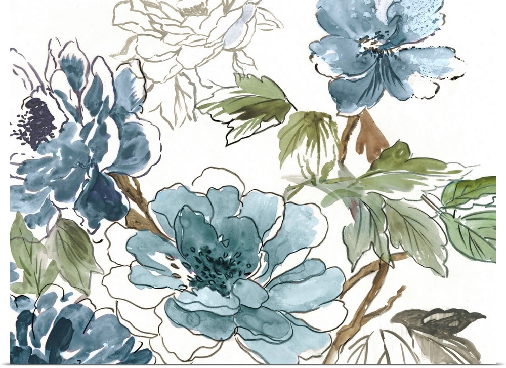 A contemporary painting of flowers with featured colors of blue, green, and brown.