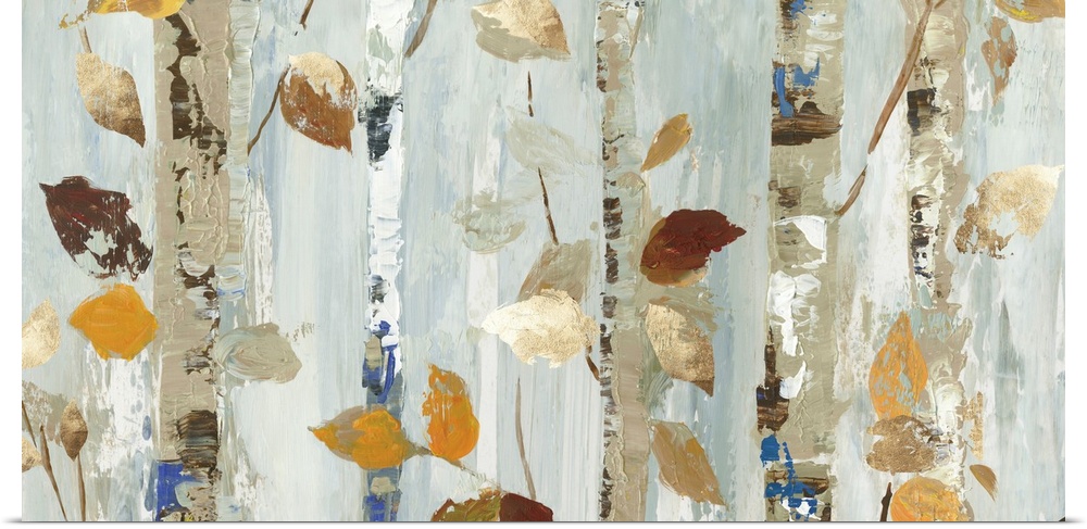 Contemporary panoramic painting of a close up of trees with fall leaves in neutral tones.