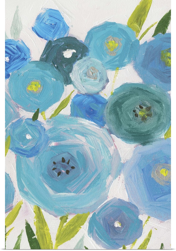 A vertical painting of different shades of blue poppies against a neutral backdrop.
