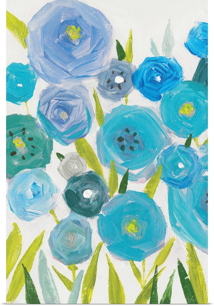 A vertical painting of different shades of blue poppies against a neutral backdrop.