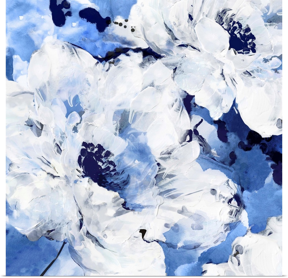 Square contemporary painting of white flowers on a blue background in textured paint.