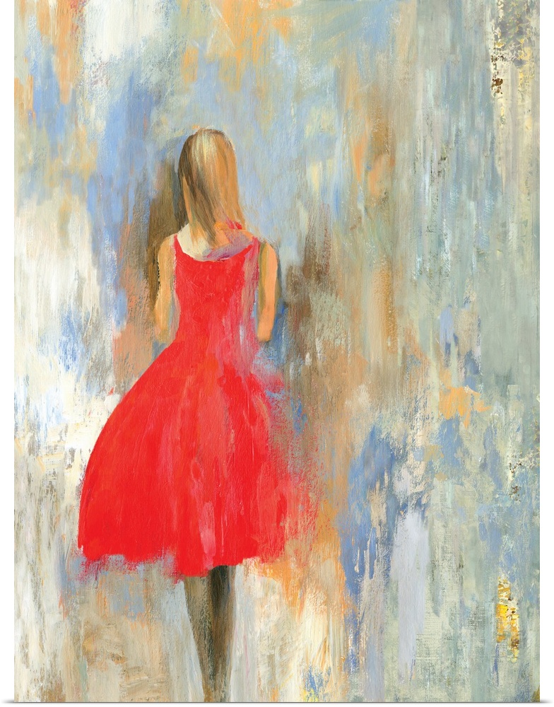 Painting of a female in a red dress, walking away, with a textured backdrop of blue, gray and brown.