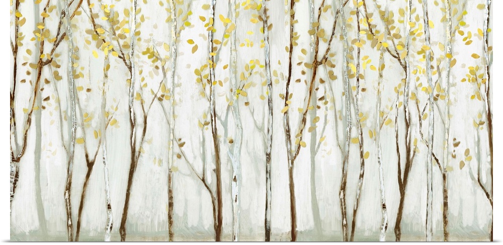Large landscape painting of birch trees in the woods with gold leaves.