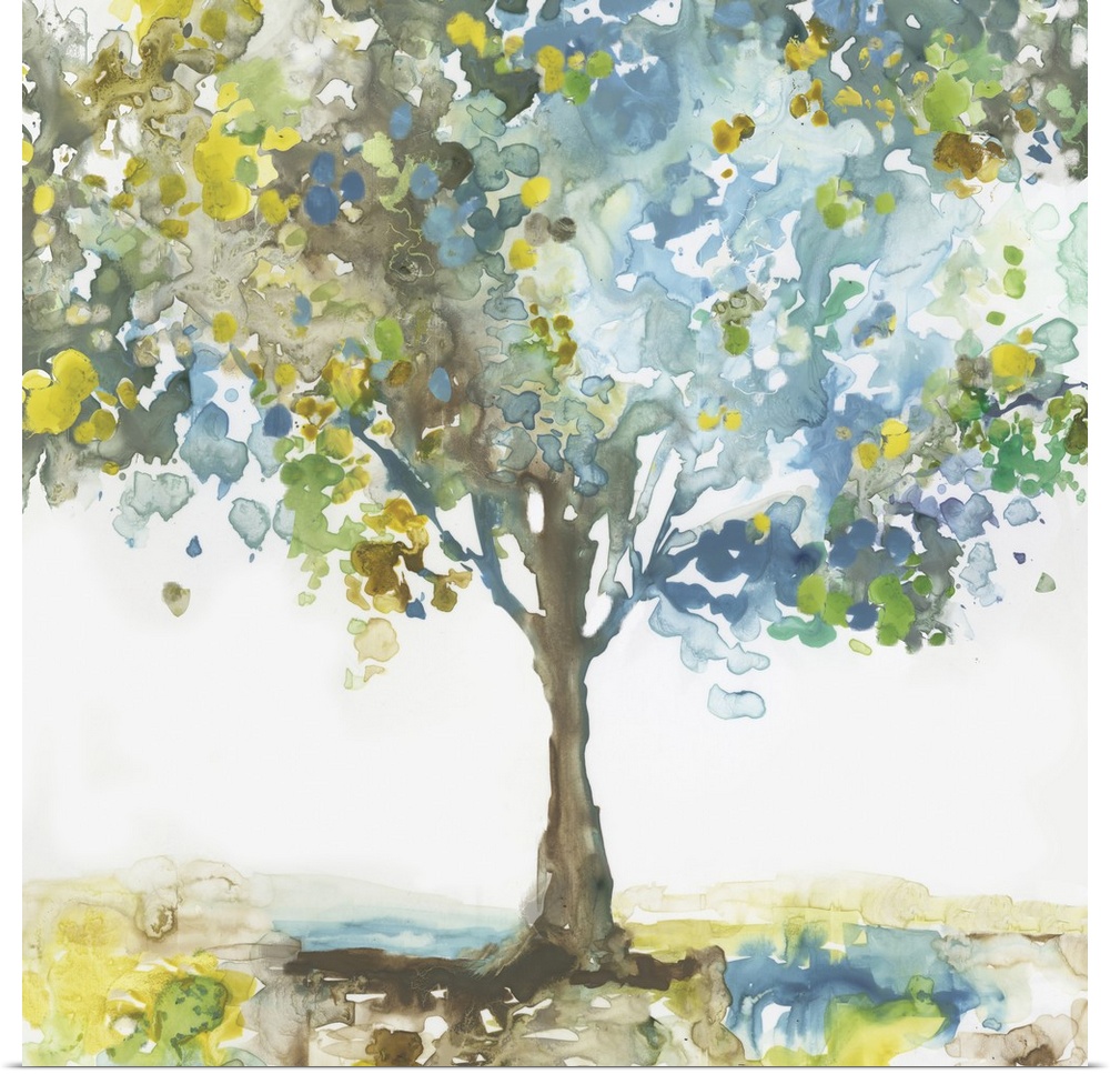 Square painting of a tree made with blotched blue, brown, green, and yellow hues on a white background.