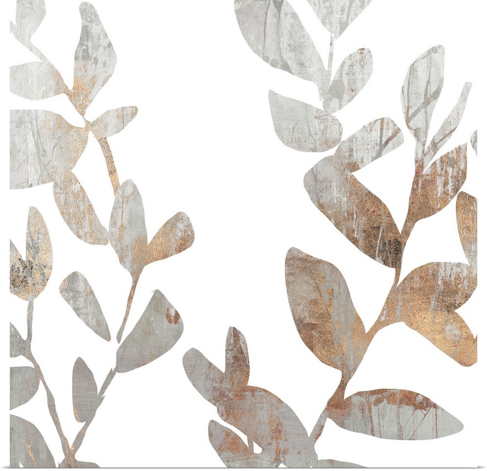Contemporary painting of leaves in textured tones of gray and brown.