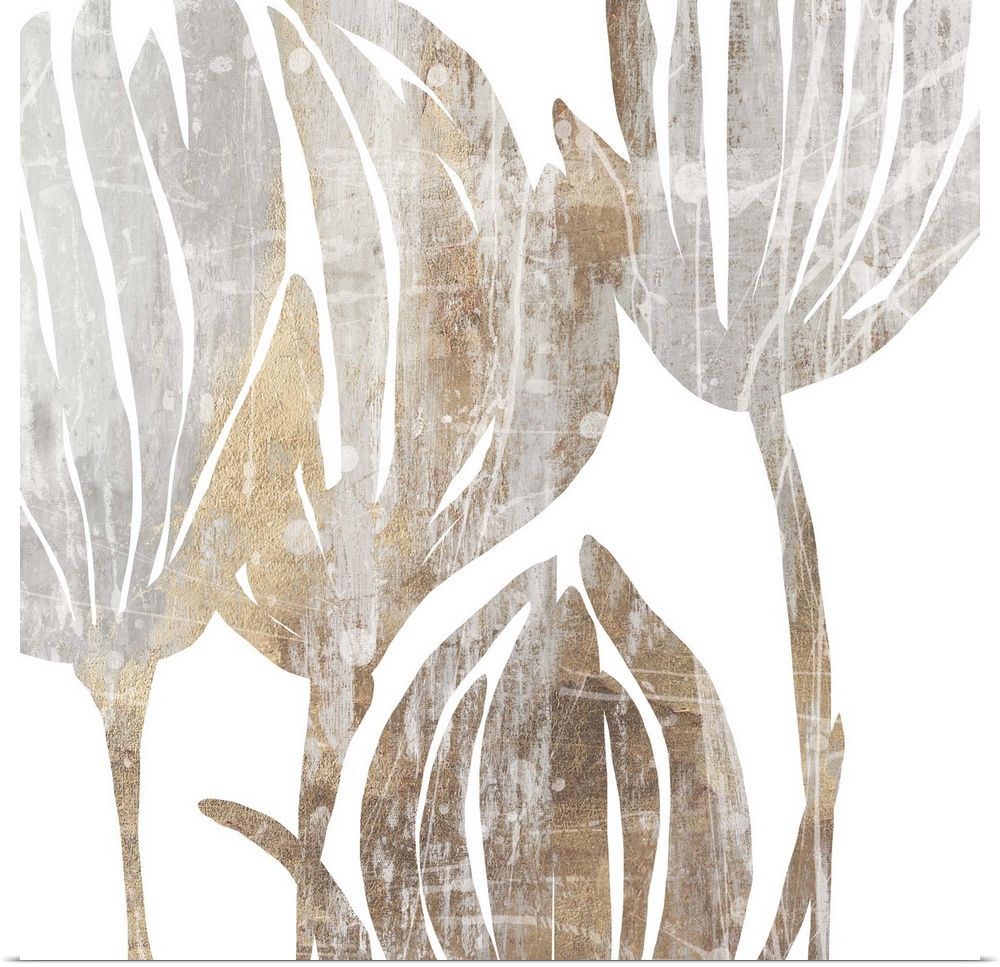 Contemporary painting of flowers in textured tones of gray and brown.