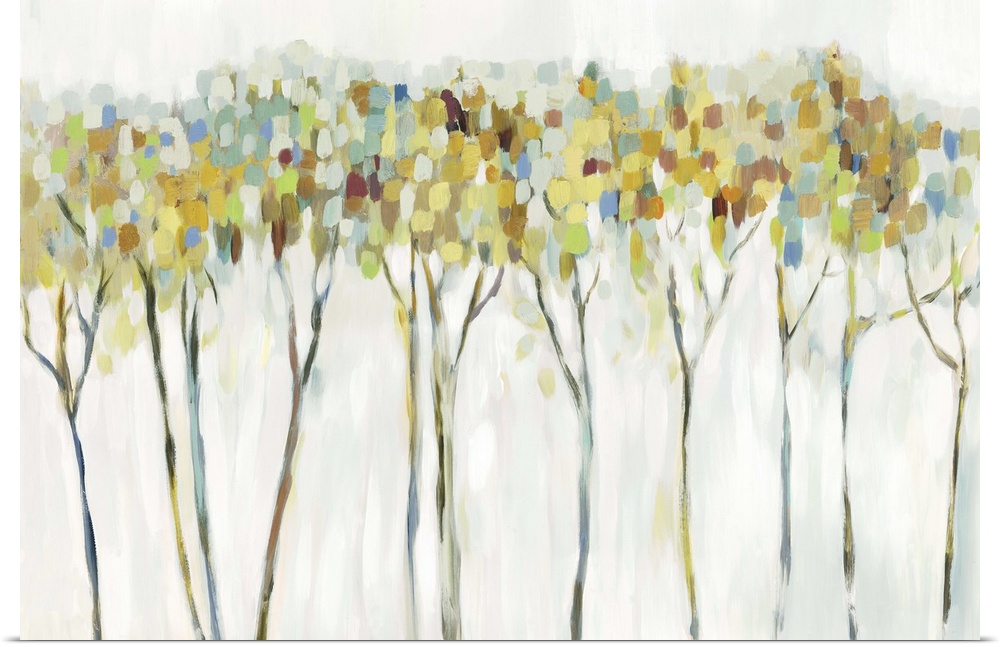 Contemporary painting of a row of slender trees with colorful leaves in earth tones.