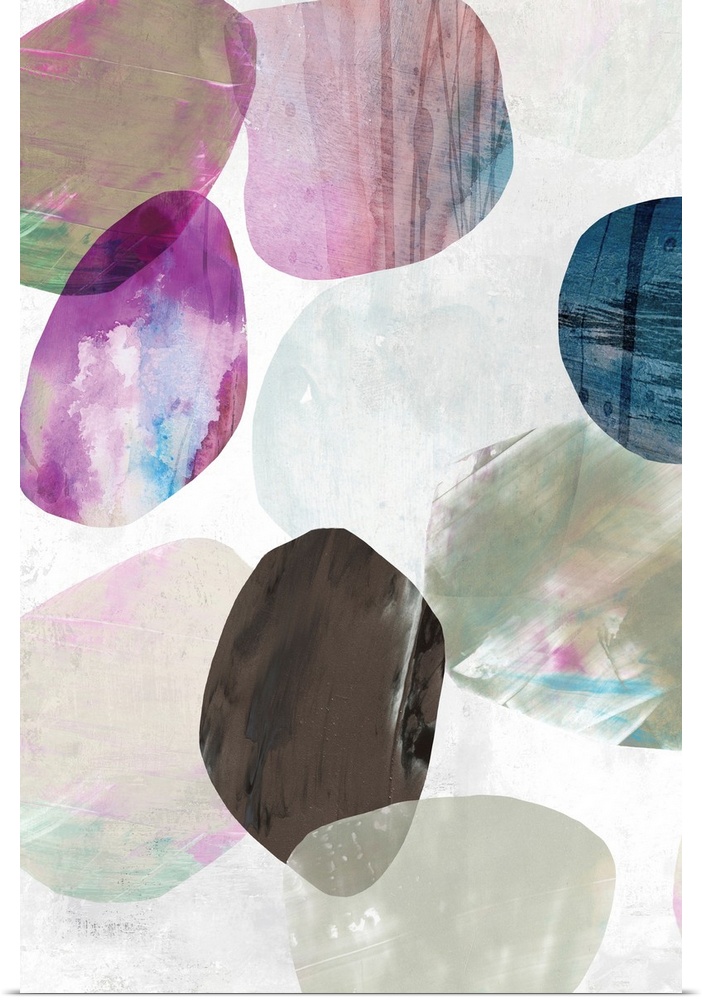 Contemporary painting of multi-color circles in tones of pink, brown and blue in the appearance of stones.
