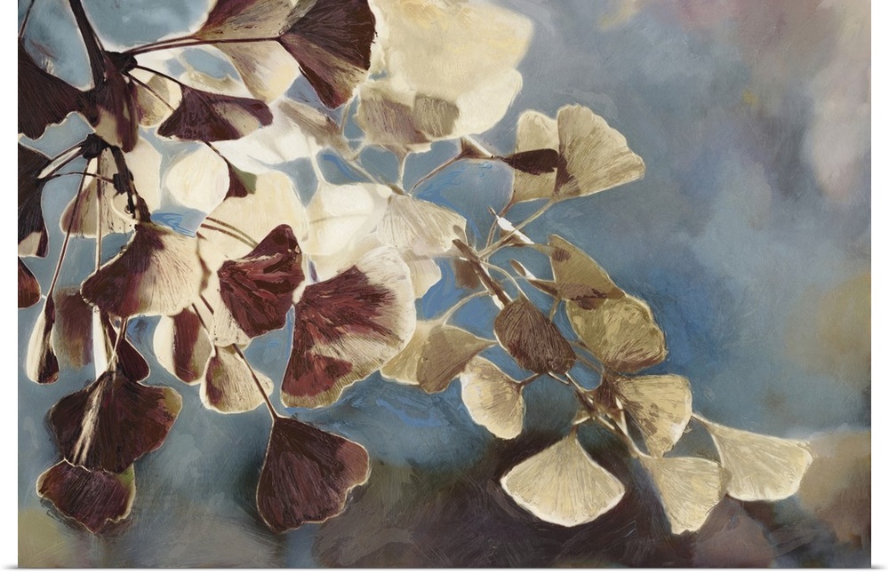 A contemporary painting of leaves on a tree branch against a blue sky.