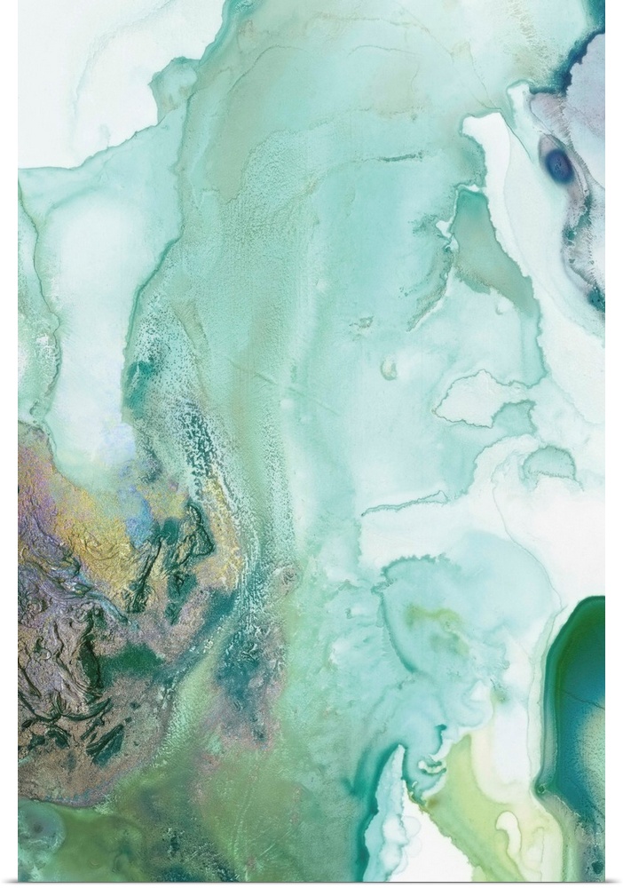 Abstract watercolor artwork of softly blending shades of teal and jade green.