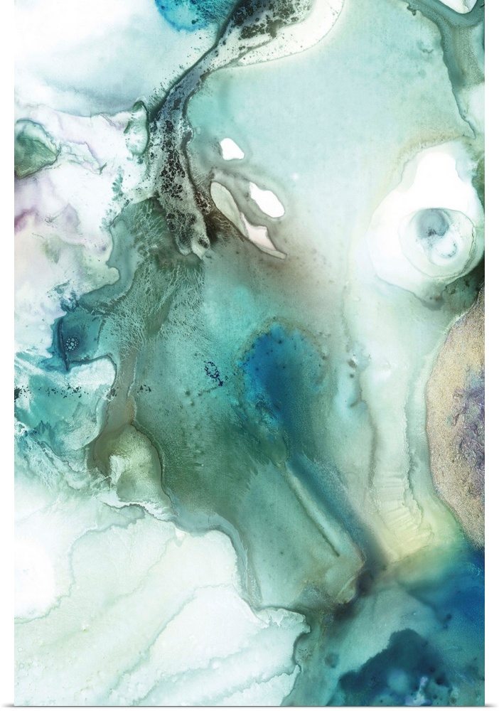 Abstract watercolor artwork of softly blending shades of teal and jade green.