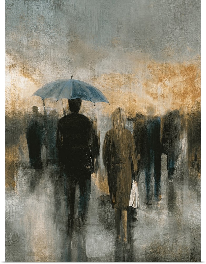 Contemporary artwork of a couple walking in the city with an umbrella.