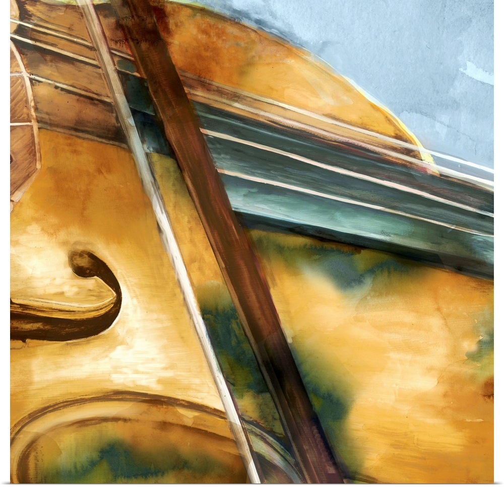 Contemporary watercolor painting of part of a violin and bow close-up on a square blue-gray background.