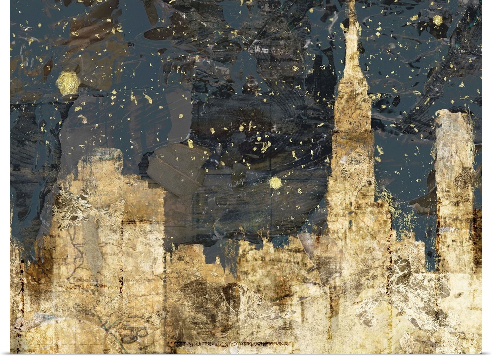 An abstract city night scene in golden textures.