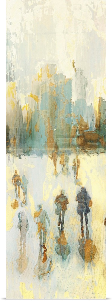 Contemporary artwork of figures walking and casting shadows, with the New York skyline in the distance.