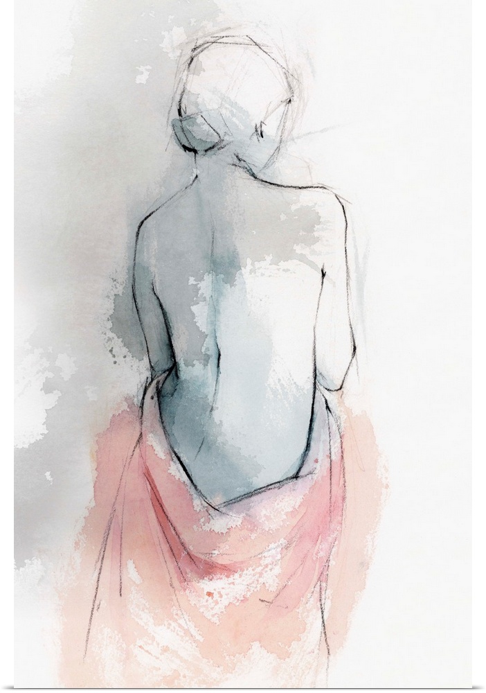 A vertical portrait of the back of a female holding a blanket over her bottom half.