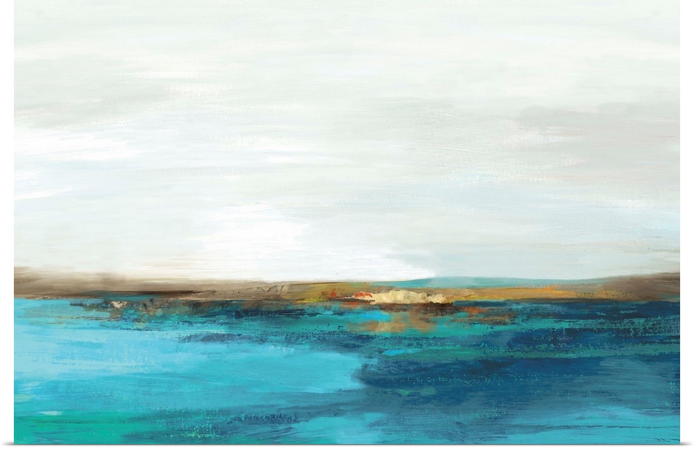 Abstract painting resembling the horizon on a teal blue field under a white sky.