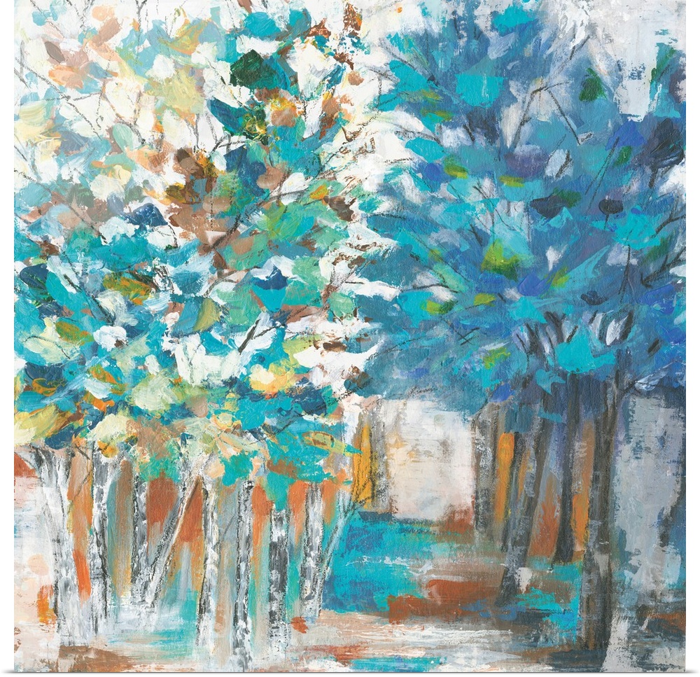 Contemporary artwork of rows of trees with textured leaves in colors of green, blue and yellow with a path through the cen...