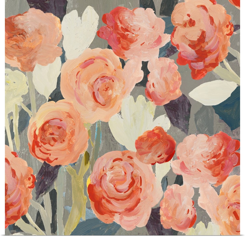A contemporary painting of pink flower blooms against a neutral textured backdrop.