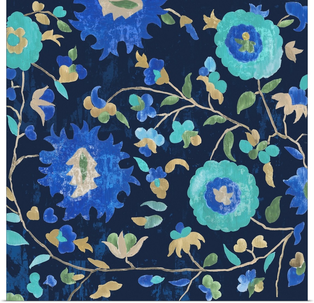 Floral pattern in various blues with Persian inspiration.