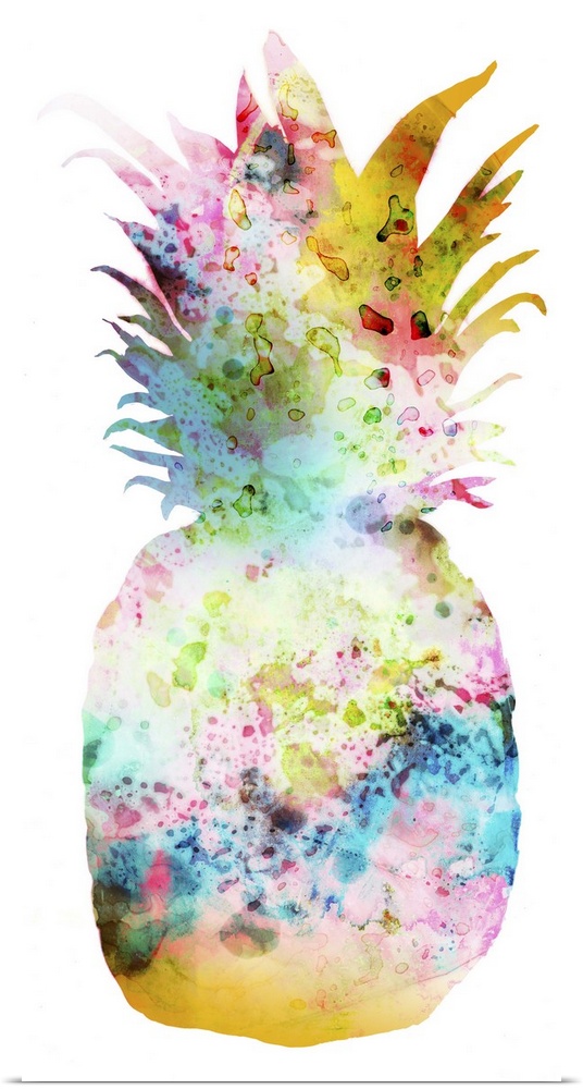 Outline of a pineapple in bright, neon colors on white.