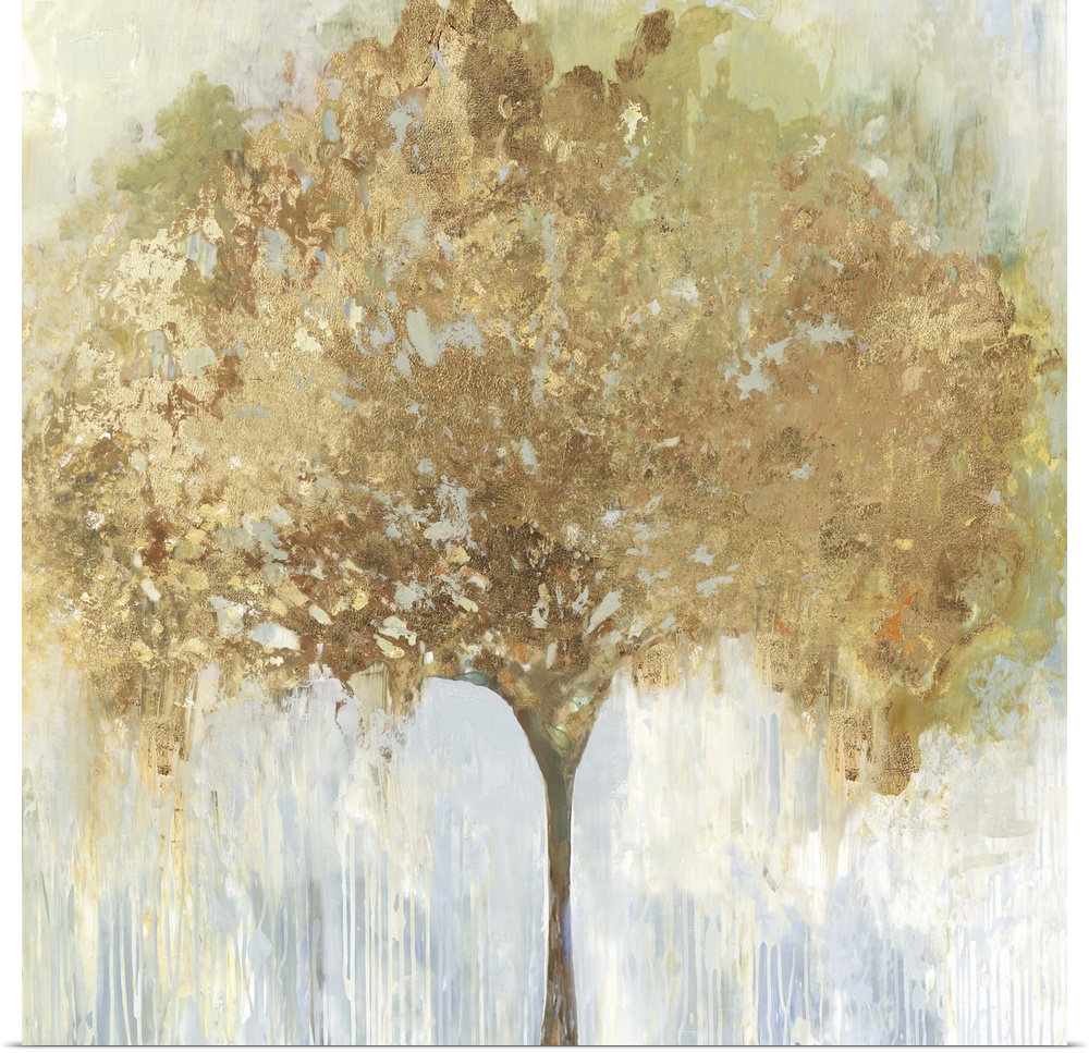 An abstract painting of a single tree with gold accents in the leaves