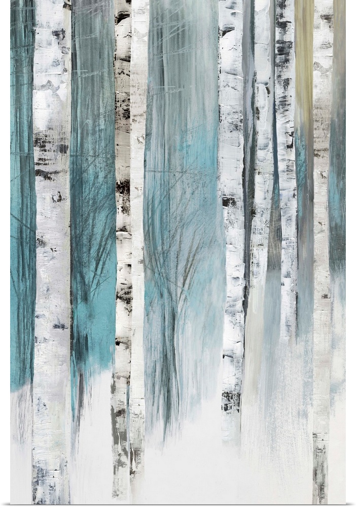 Vertical painting of tree trunks in shades of blue and gray.