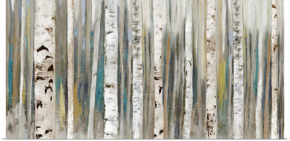 Horizontal painting of tree trunks in shades of brown and gray.