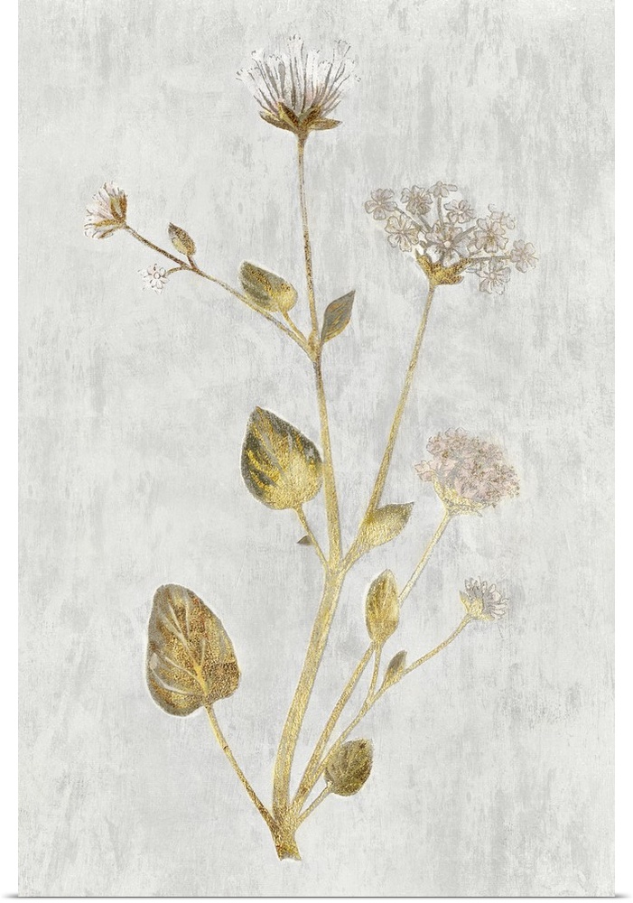 Textured contemporary art of flowers in shades of gold and gray.