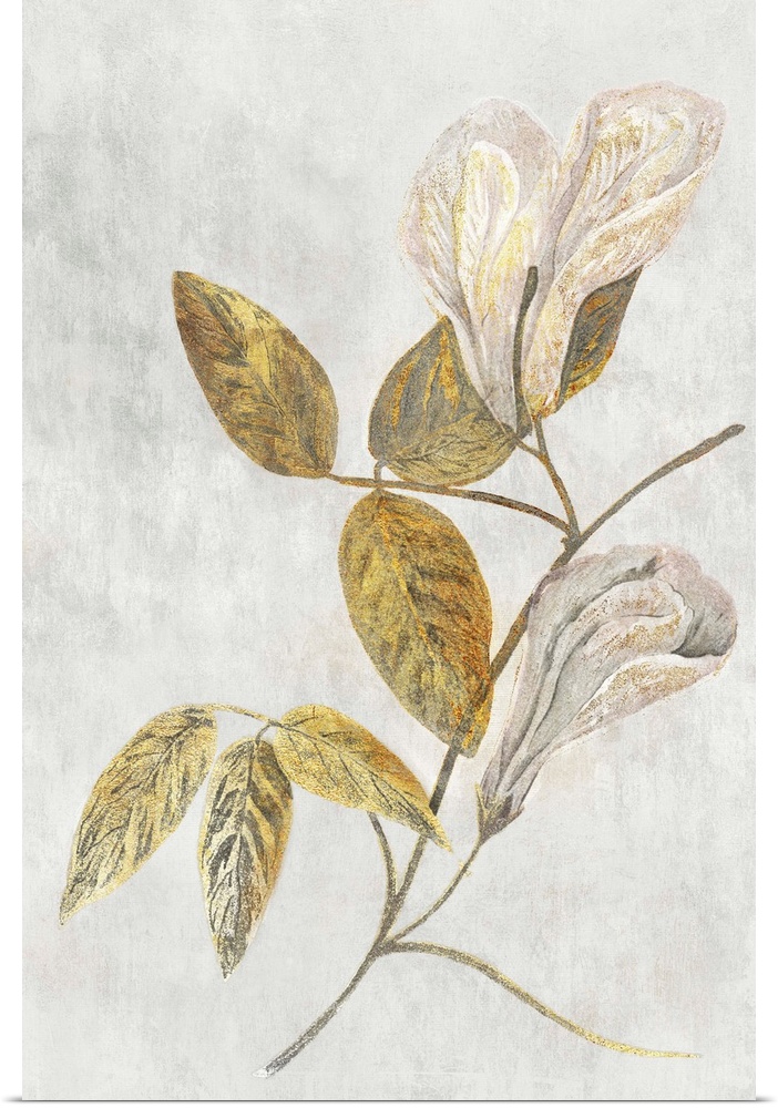 Textured contemporary art of flowers in shades of gold and gray.