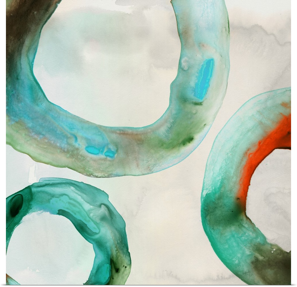 Abstract artwork with watercolor rings in teal.