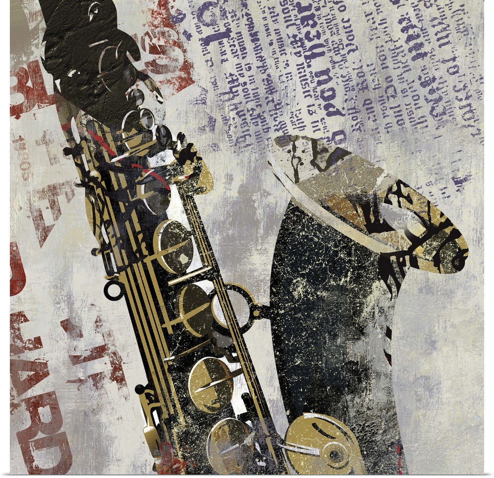 Contemporary collage style home decor artwork of a saxophone against a weathered background.
