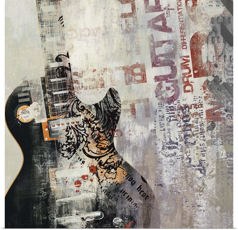 Contemporary collage style home decor artwork of a saxophone against a weathered background.