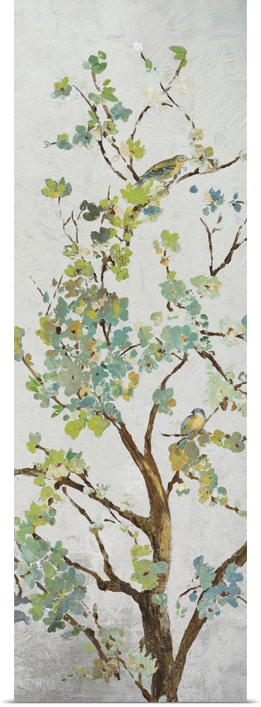 Tree branch with light green leaves on grey.