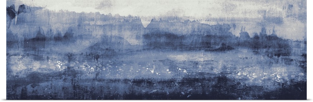A large contemporary painting representing a landscape in shades of blue.