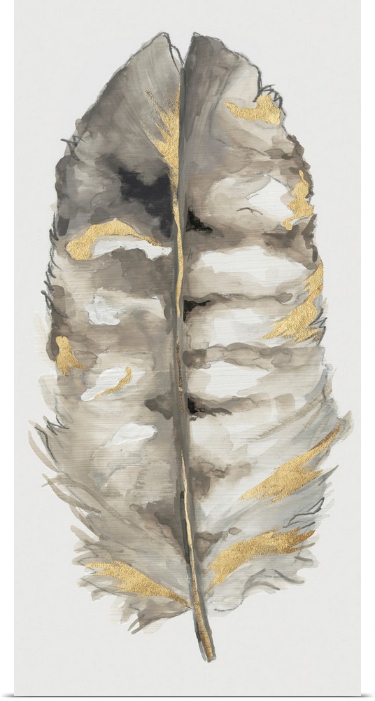 Panel painting of a grey, white, and gold feather on a solid white background.