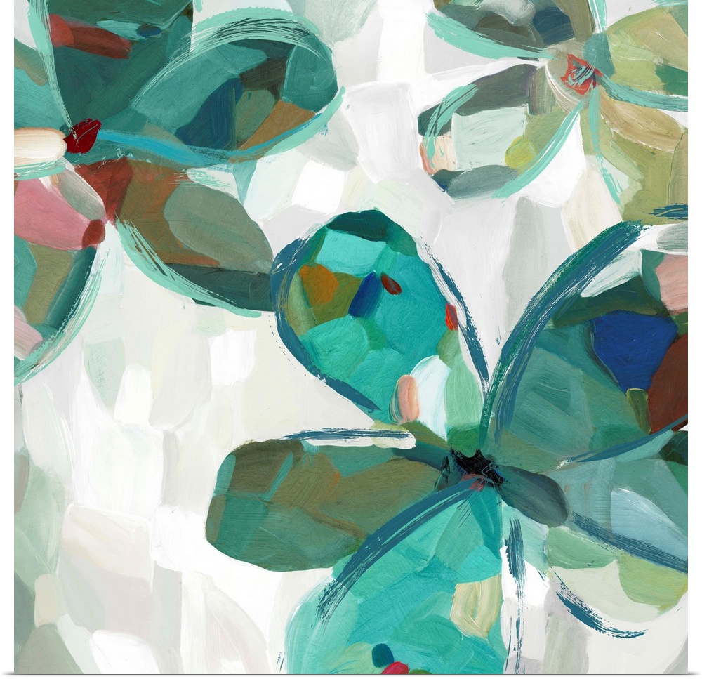 Contemporary artwork of teal flowers with large round petals.