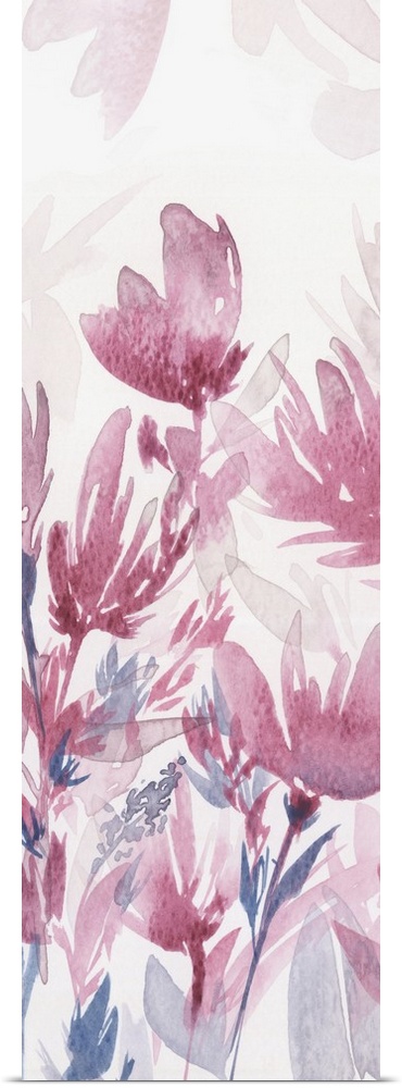 Skinny panel watercolor painting of abstract flowers in pink and blue tones on a white background.