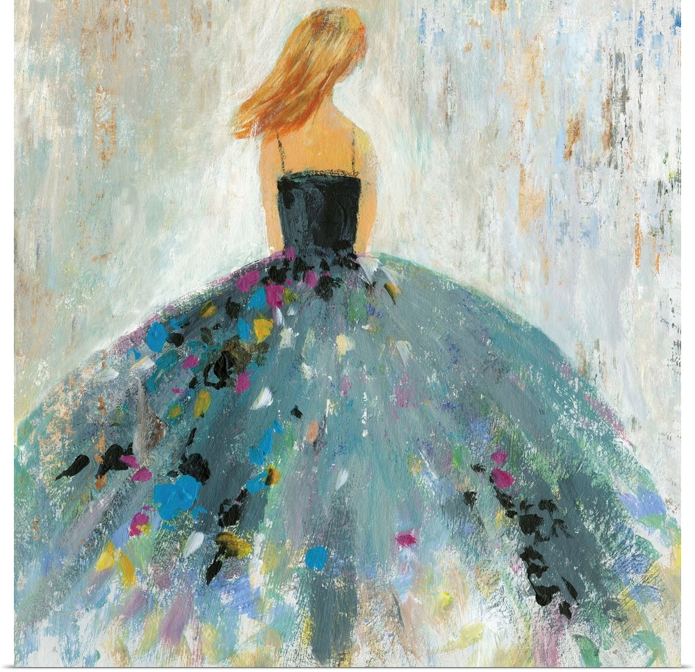 Square painting of a female in a gray ball gown with multiple color spots on the skirt.