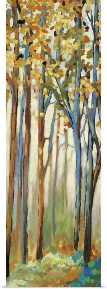 Contemporary painting of a forest with thin trees and autumn leaves.
