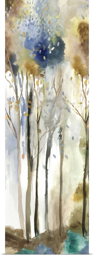 Watercolor artwork of a forest with tall, thin trees.